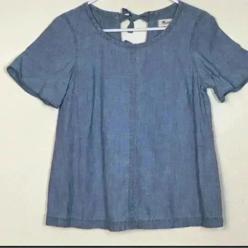 Madewell Blouse Women Shirt Tiered Blue Chambray short Sleeve Peasant boho xs - Picture 1 of 4
